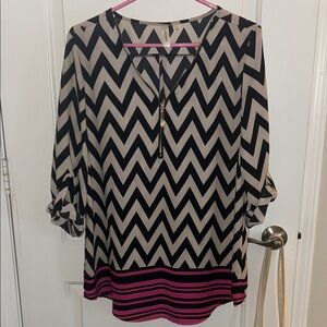 Chevron Patterned Black and Pink Women's Top - Tacera